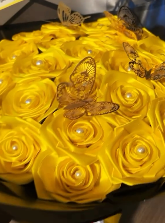 Lovely bouquet with yellow forever roses with pearls and gold butterflies 🌹