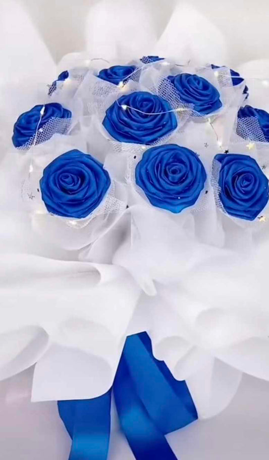 Small Bouquet with 10 royal blue silky forever roses with lights.